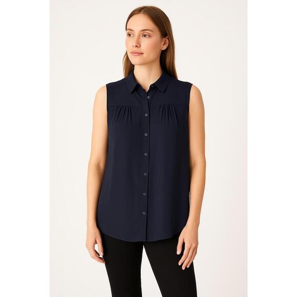 Ann Taylor Tops - Ann Taylor Blouse Womens Size XSmall Navy Sleeveless ButtonUp Flowy Fabric Chic